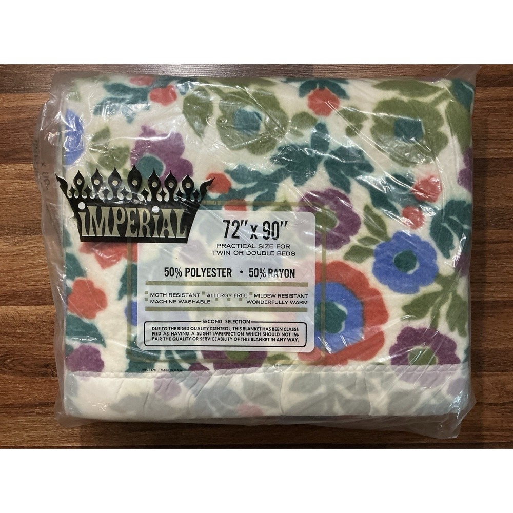 VTG Imperial Blanket 72 x 90 Flowers Blue Purple Red Green Satin Trim Made USA
